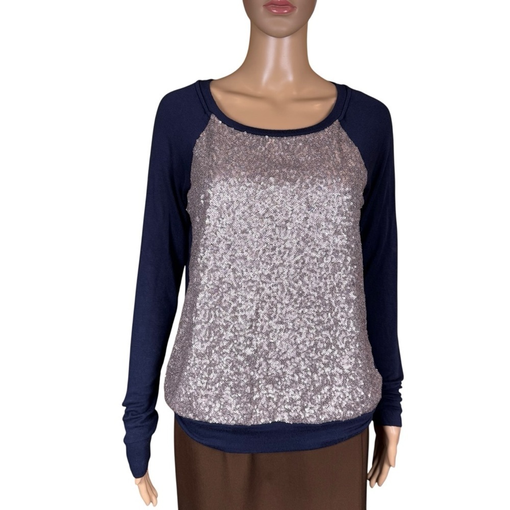 Three Dots Long Sleeve Mix Media Sequin Blue Gold Top Size M
